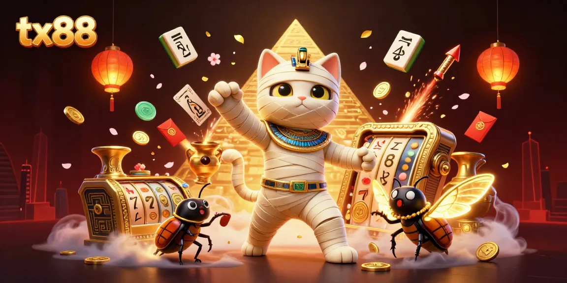 Engaging tx88 online casino scene featuring a mummy cat and gold accents for a vibrant experience.