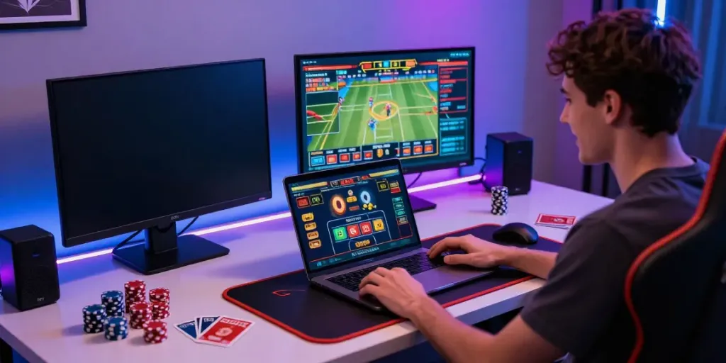 Enthusiastic player gaming on SKY88 with casino tokens and vibrant lighting.