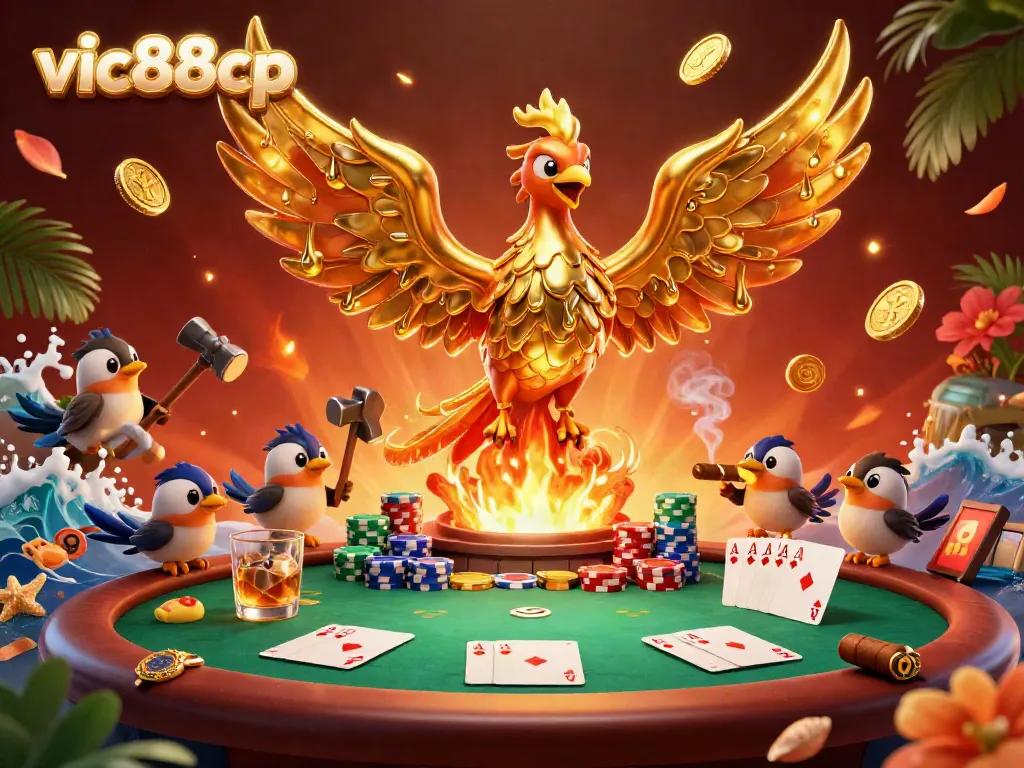 Experience winnings at vic88cp with a vibrant scene of a molten phoenix surrounded by poker elements and golden coins.