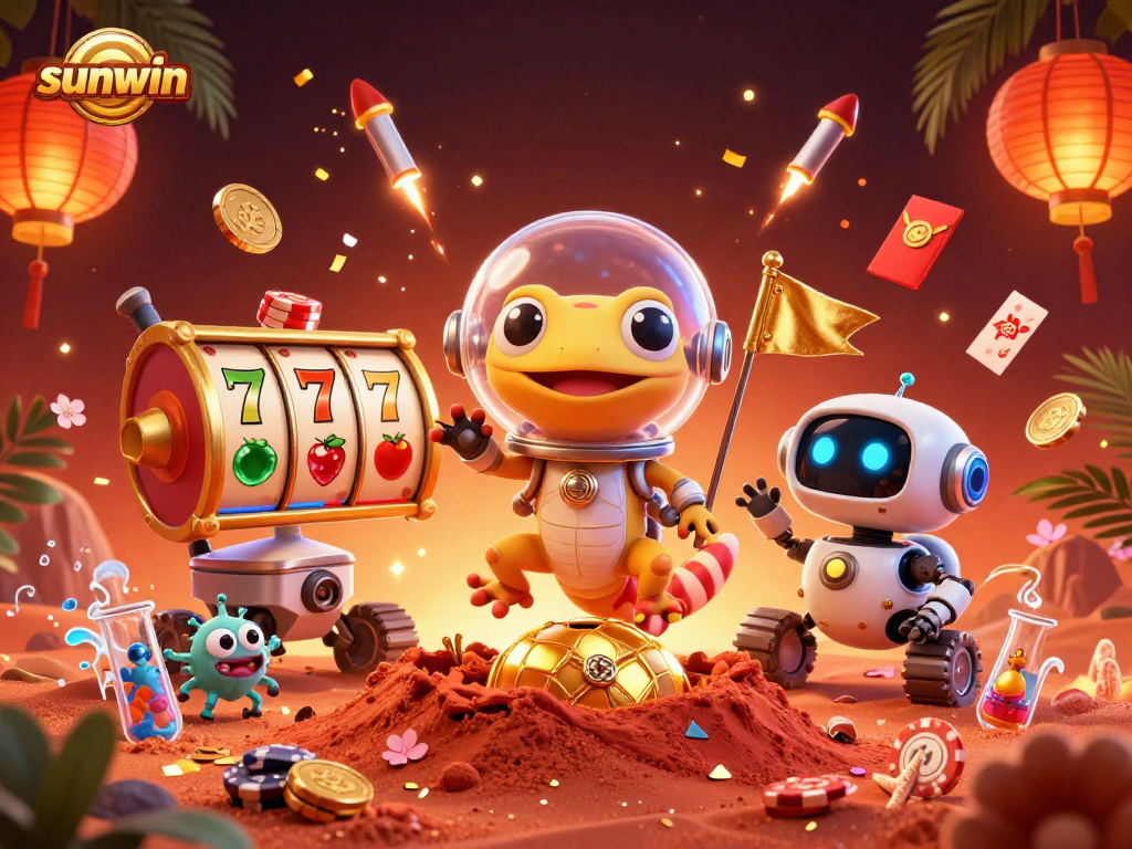 Experience the thrilling sunwin gaming scene with a joyful Martian gecko in a golden casino