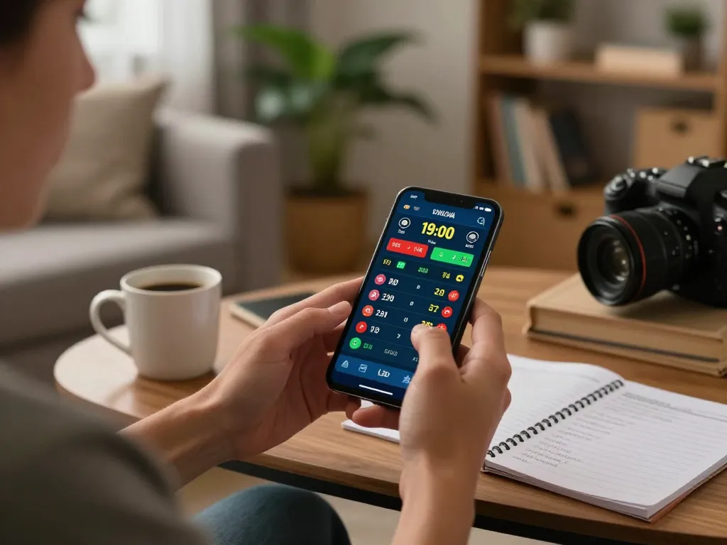 Person placing bets through 45678 nhà cái on a smartphone in a comfortable home setting