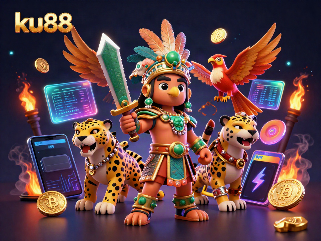 ku88 gaming scene with Aztec warrior and golden crypto coins, vibrant 3D illustration