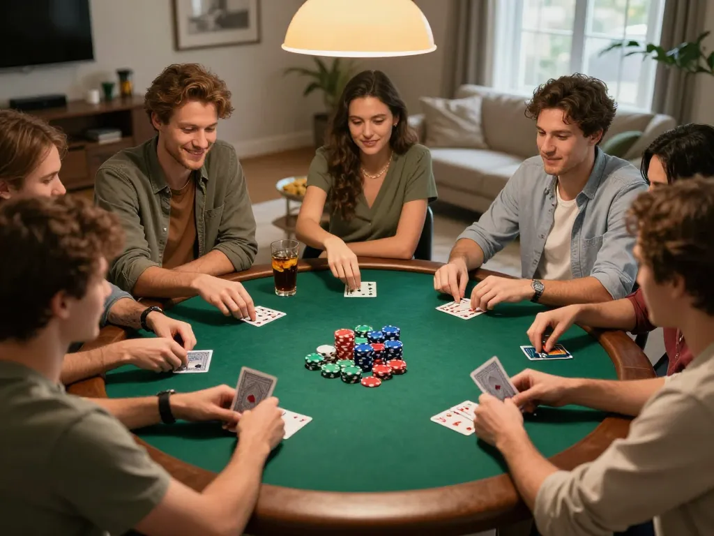 Amigos aproveitando um jogo de pôquer em casa, mostrando a energia vibrante dos jogos da 887bet.