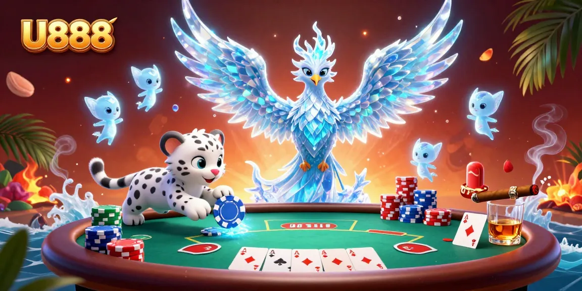 U888 online betting scene showcasing an ice phoenix and poker game elements amid vibrant effects.