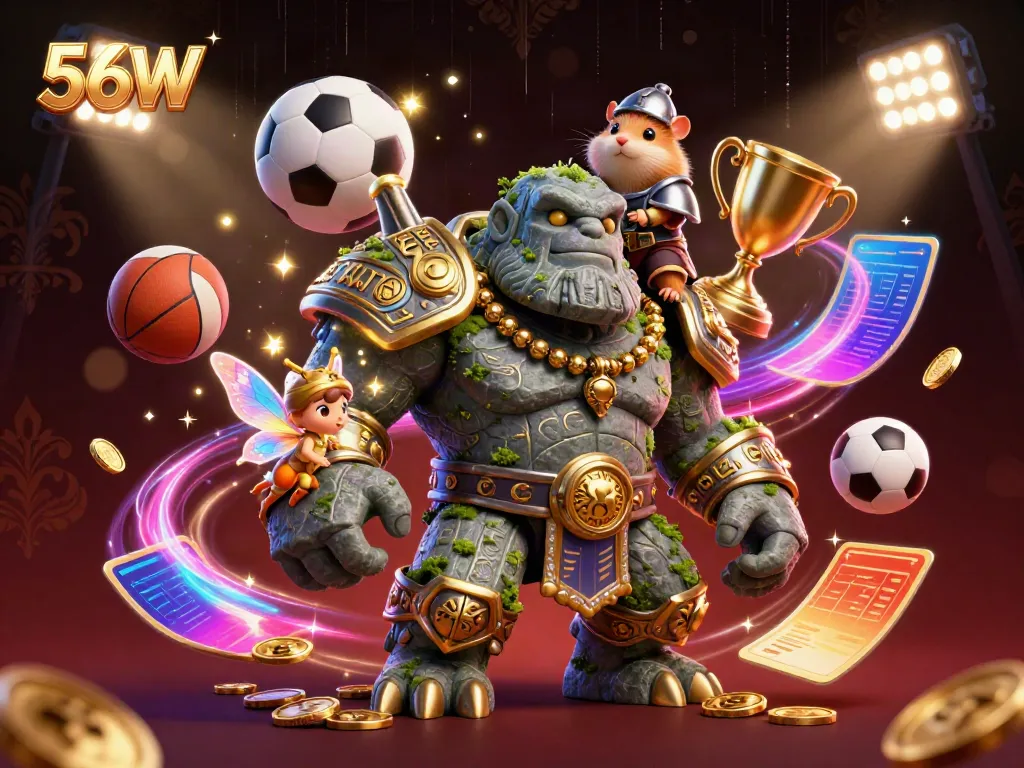 Gaming scene of 56W featuring a magical golem, fairy, and hamster knight amidst flying sports elements.