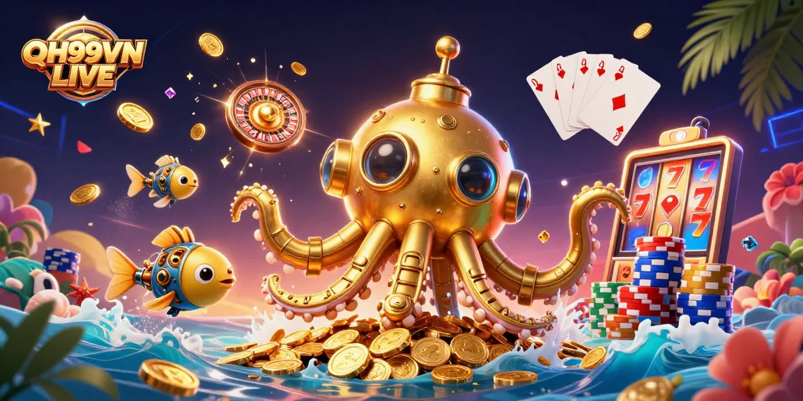 Experience excitement with QH99VN LIVE, featuring a golden kraken submarine among vibrant casino elements.