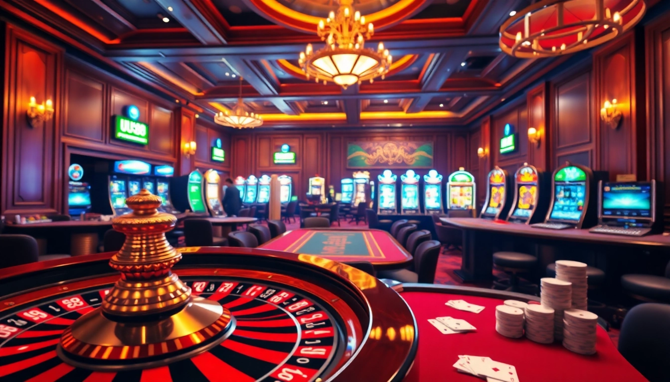 Engage in thrilling gameplay at UU88, featuring a vibrant casino atmosphere with roulette and poker elements.