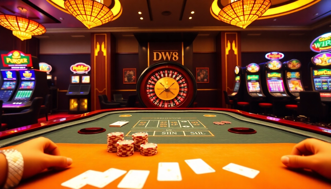 Experience the excitement of DW8 with players enjoying a luxurious casino environment filled with poker, roulette, and vibrant slots.