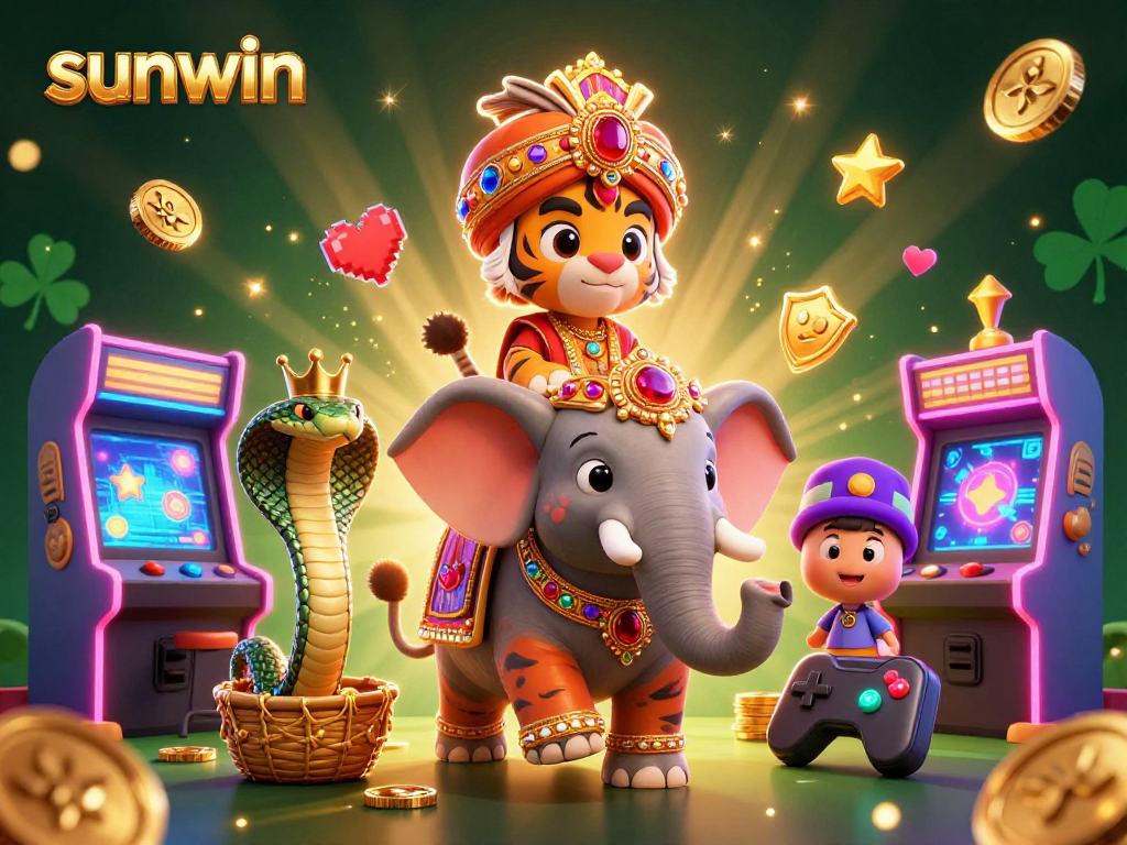 Engage in the vibrant action of sunwin with a majestic maharaja, jewel-encrusted elephant, and arcade elements.