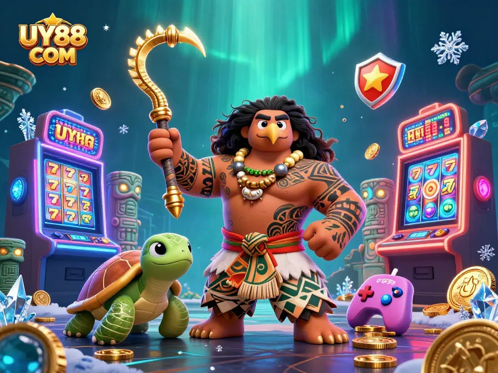 Engage with thrilling slots at UY88 COM, showcasing a vibrant 3D scene of a demigod hawk and tropical elements.