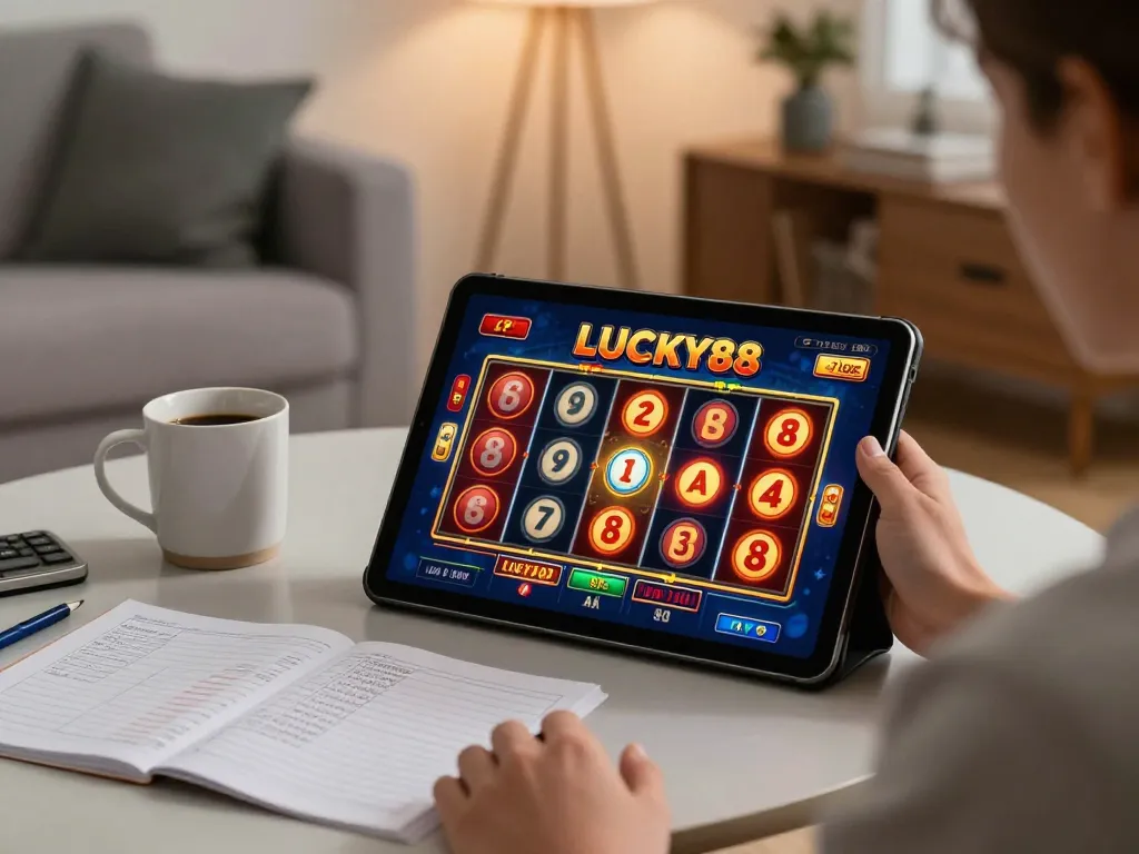 Engaged player at home using tablet for LUCKY88 slots with cozy ambiance