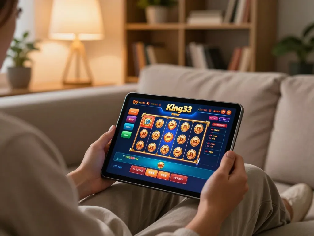 Engaging online player using King33 app on tablet in cozy home setting.