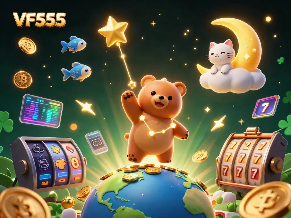 Engage with VF555 and its vibrant online casino experience featuring golden bear, coins, and shooting stars.
