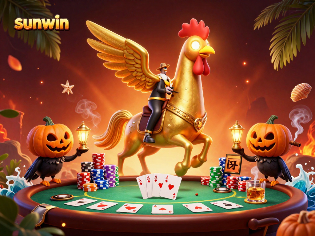 Experience the excitement of sunwin with our vibrant 3D casino illustration featuring a golden rooster and poker elements.