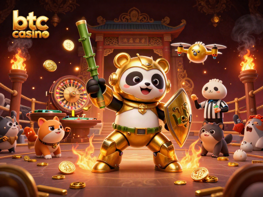 Experience dynamic action at a btc casino with a mech-suit golden panda in a lively arena.