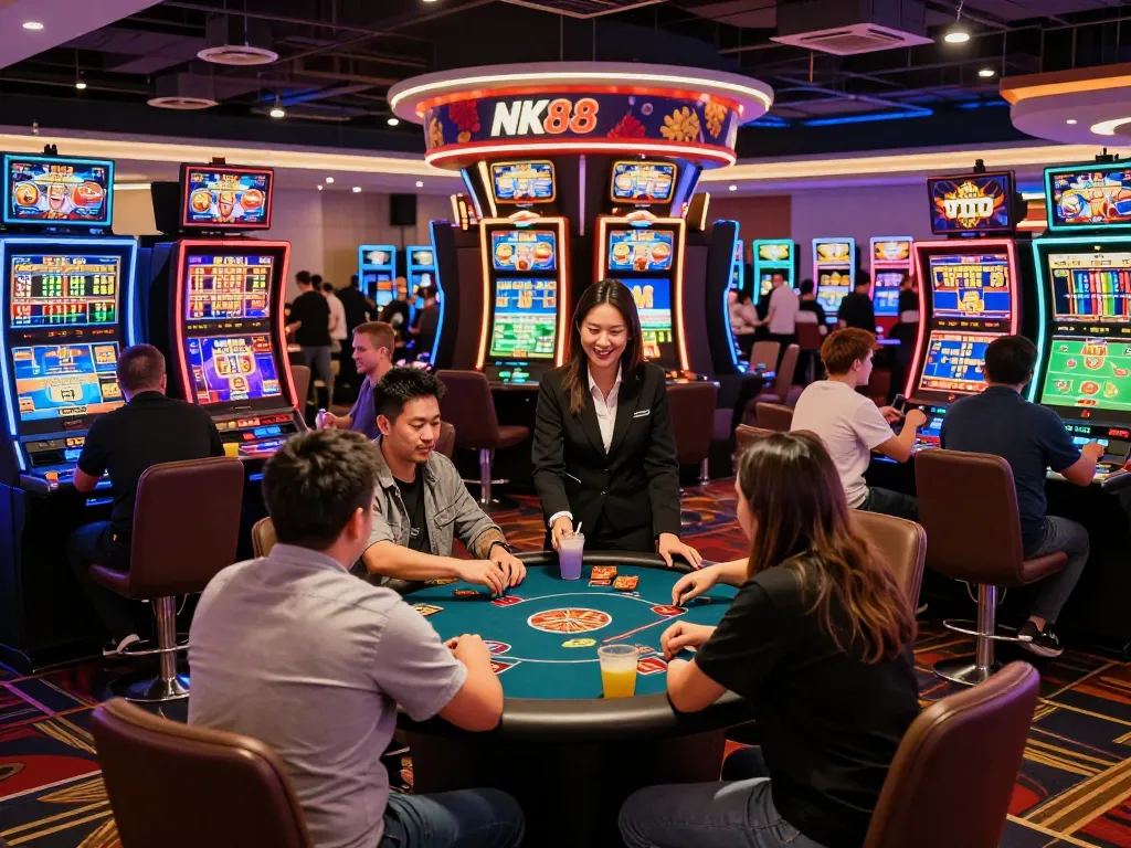 Players enjoying various games at the NK88 casino, featuring dynamic slots and table games in a vibrant atmosphere.