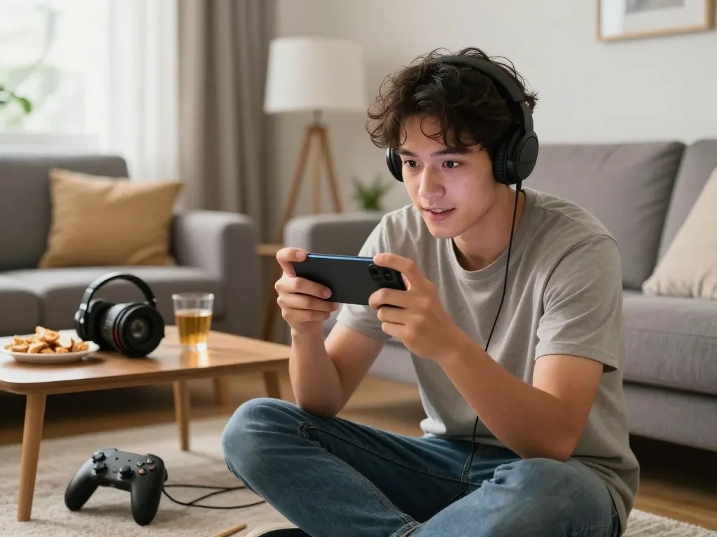 Engaging scene of a young adult enjoying mobile porn games in a cozy living room environment.
