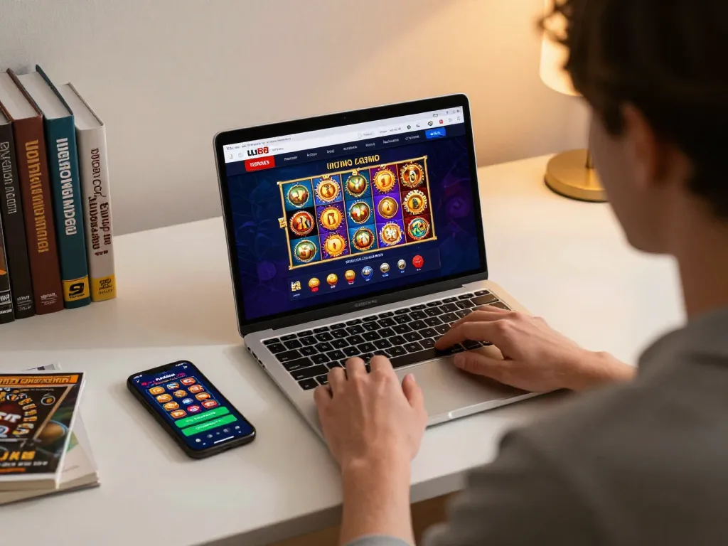 Engaging in online gaming at uu88 casino with vibrant slot display and strategic setup
