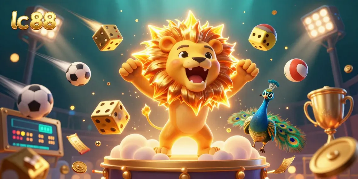 Experience thrilling gaming at lc 88 with vibrant 3D illustration of a roaring sun lion and dynamic elements.