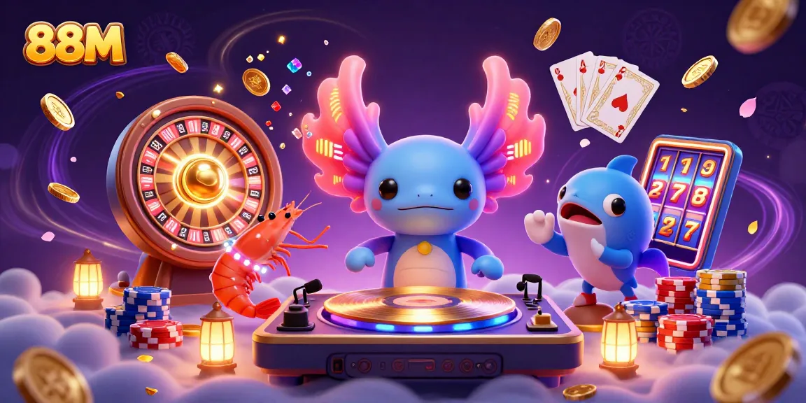 88M online casino illustration featuring vibrant axolotl DJ spinning music, surrounded by dynamic gaming elements.