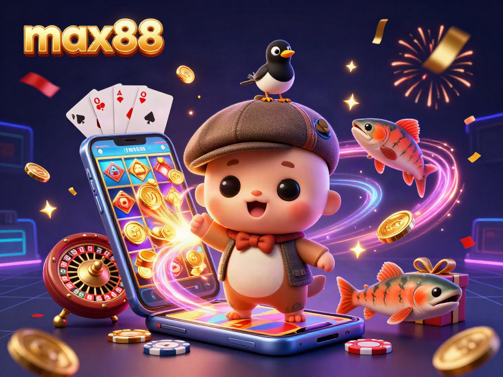 Engage with vibrant max88 gambling fun featuring cartoon Nessie amidst celebratory slot game excitement.