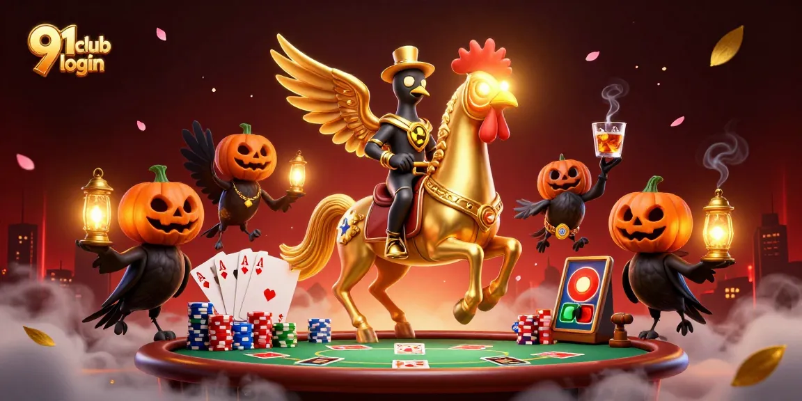 Experience thrilling 91 club login moments with a golden rooster riding a spectral horse in a magical casino.