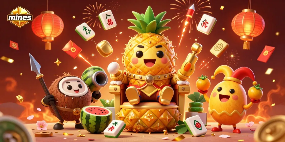 Experience the thrill of mines gameplay with the vibrant golden pineapple king and festive elements in this exciting casino illustration.