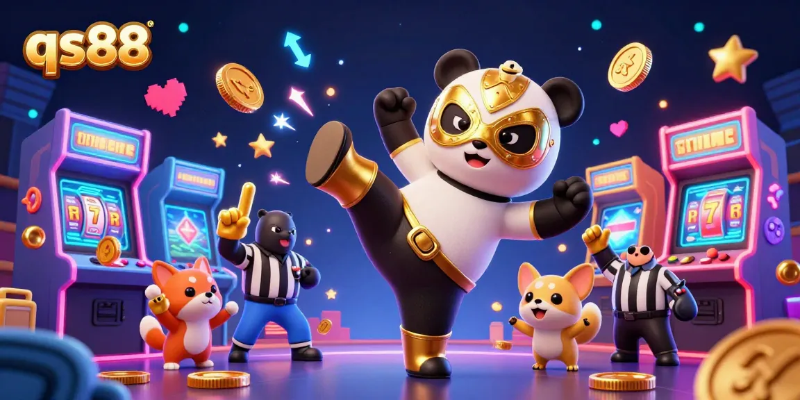 Experience excitement at qs88 with a panda wrestler kicking into action amidst vibrant casino elements.