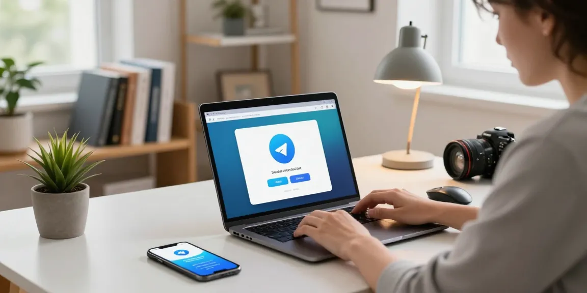 Engaged user navigating the Telegram download interface in a modern home office.