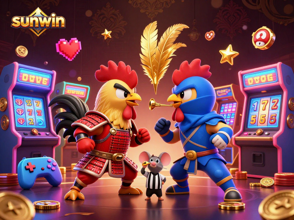 Witness an exciting standoff between sunwin's fighting roosters in a vibrant casino scene.