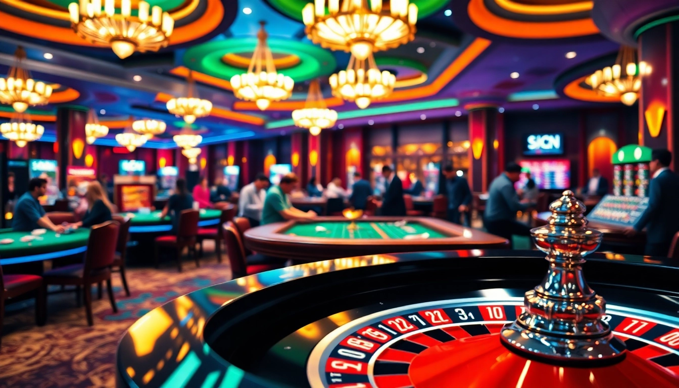 Vibrant casino francais en ligne atmosphere with gaming tables and excited players.