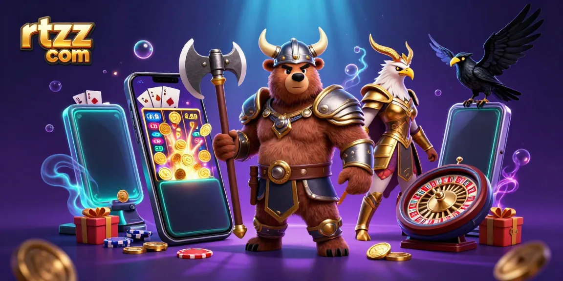 Experience the thrill of rtzz com as Viking and Valkyrie characters engage in vibrant casino games, surrounded by dynamic gaming elements.