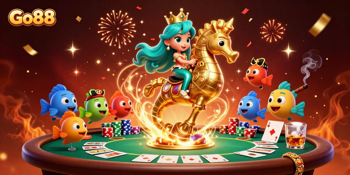 Engage with Go88's thrilling casino atmosphere, featuring colorful characters celebrating around a dynamic poker scene.