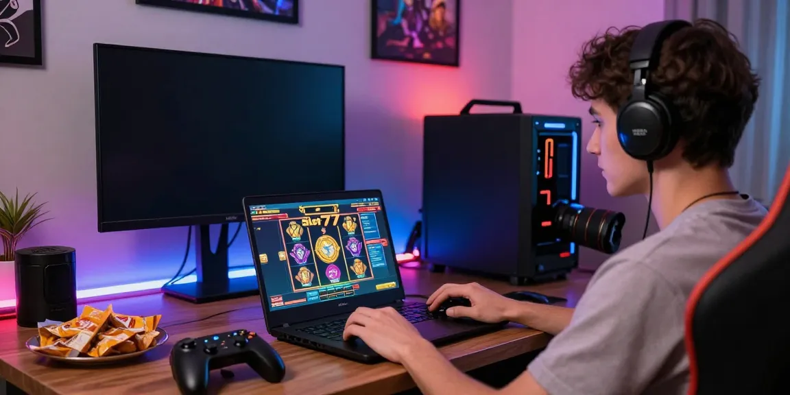 Jogador aproveitando Slot777 em um ambiente de jogo vibrante com luzes LED.
