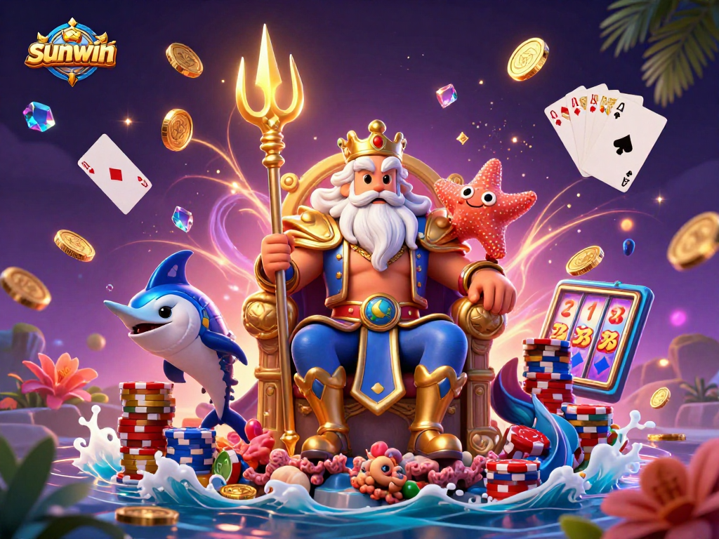 Experience the thrill of sunwin with Neptune and treasures amongst vibrant casino elements.