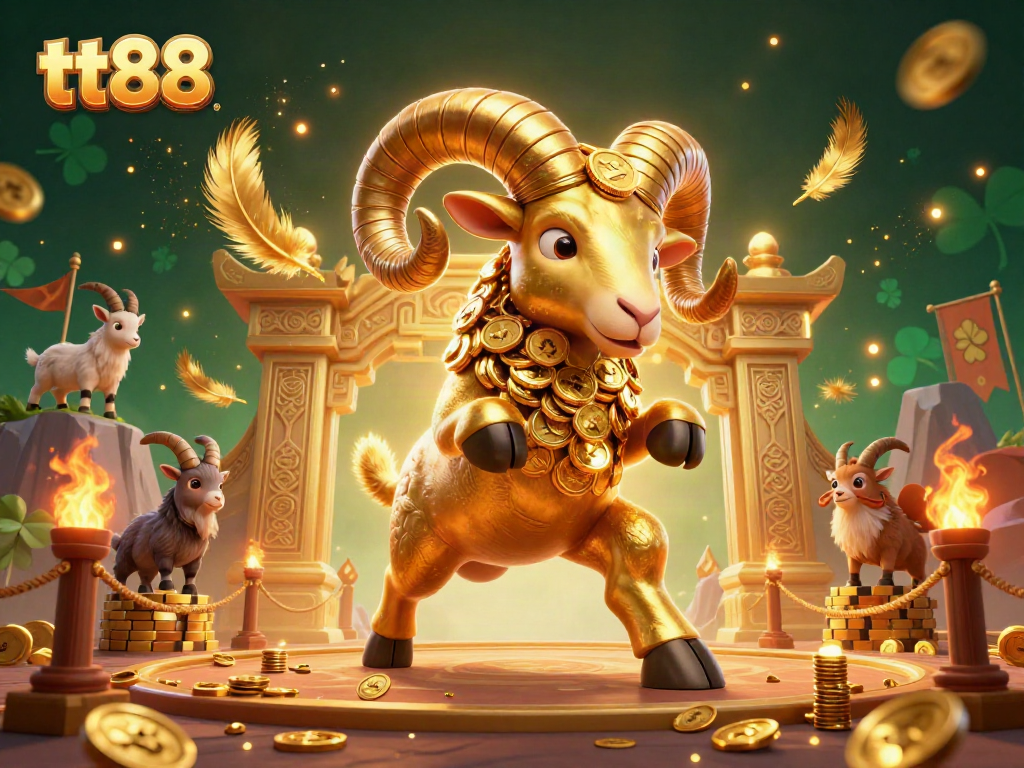 Engage with tt88's vibrant 3D casino scene featuring a golden ram charging through a gate surrounded by betting symbols.