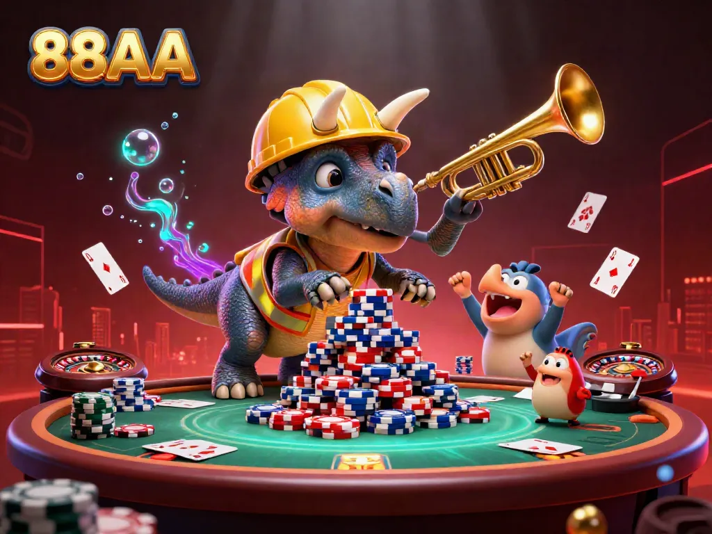 Engaging celebration scene at 88AA with triceratops and parasaurolophus in a casino setting.