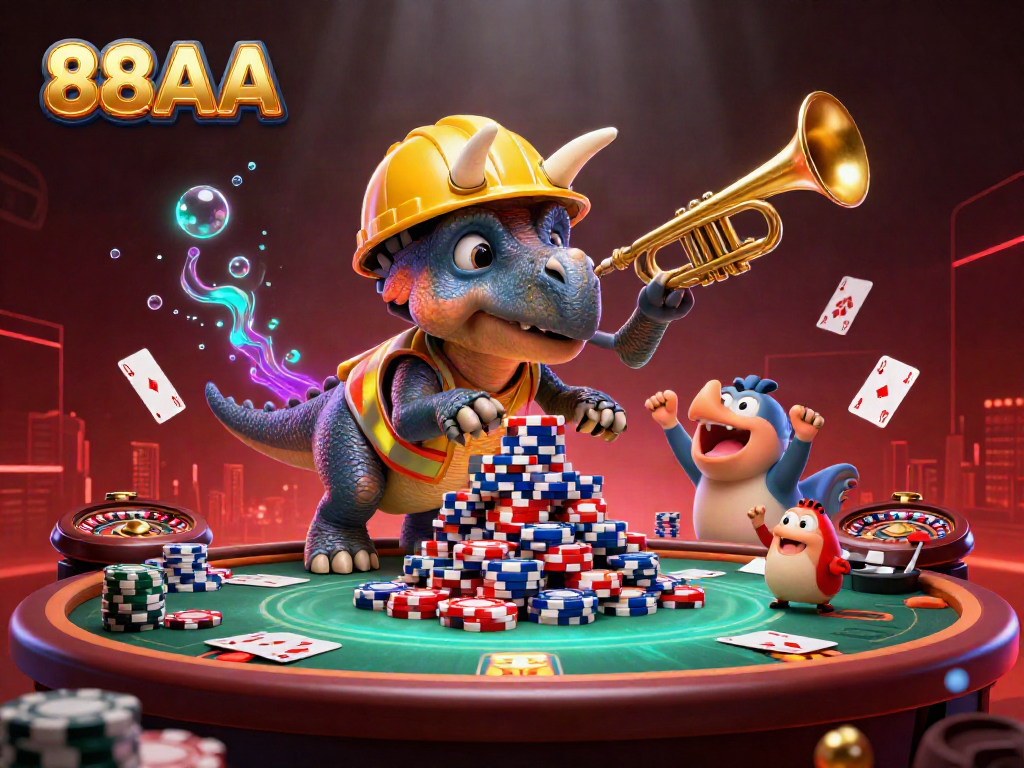 Engaging celebration scene at 88AA with triceratops and parasaurolophus in a casino setting.
