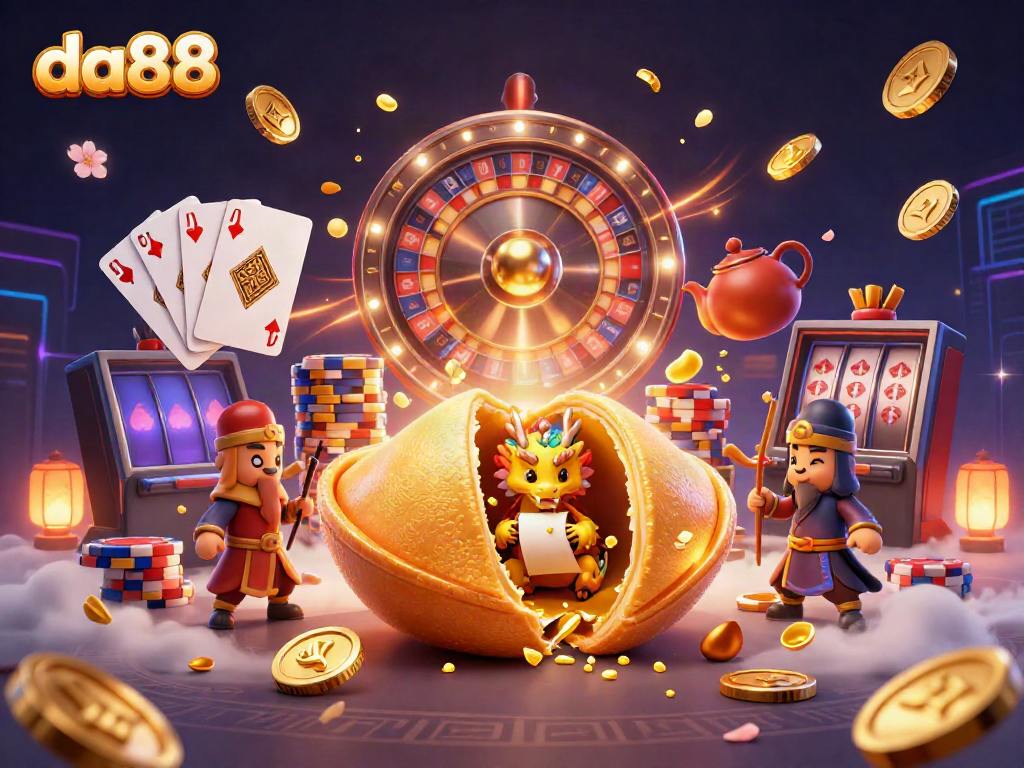 Engage in thrilling casino adventures with da88 featuring golden fortune cookie, dragon, and vibrant gaming elements.
