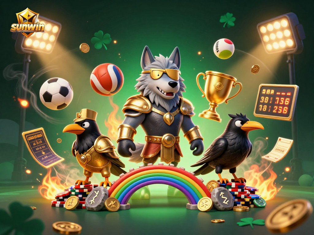 Experience the thrill of sunwin with Odin, ravens, and sports elements in an epic casino illustration.