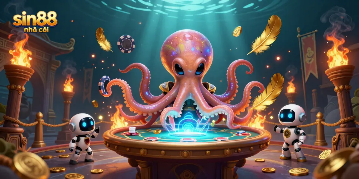Engage in thrilling play at sin88 nhà cái with a vibrant illustration of a cosmic poker scene featuring an alien octopus.