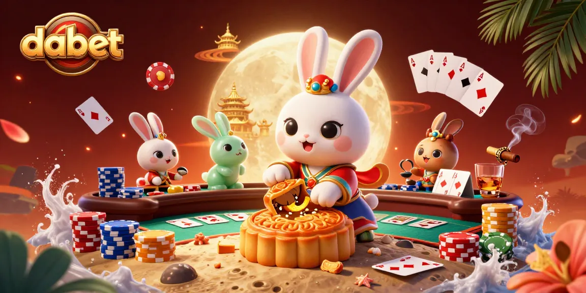 Dabet showcases the thrilling moment on the moon with a cartoon rabbit revealing poker chips in a vibrant casino atmosphere.