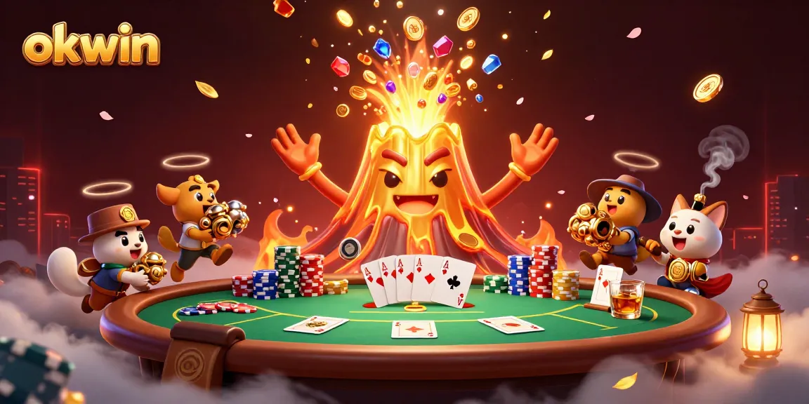 Spin the reels and win big with okwin, showcasing vibrant casino elements and a triumphant volcano eruption.
