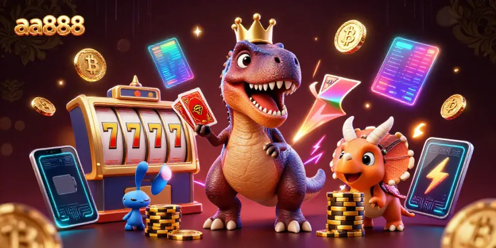 Experience thrilling slots with aa888 through friendly T-Rex and colorful game elements in a vibrant casino setting.