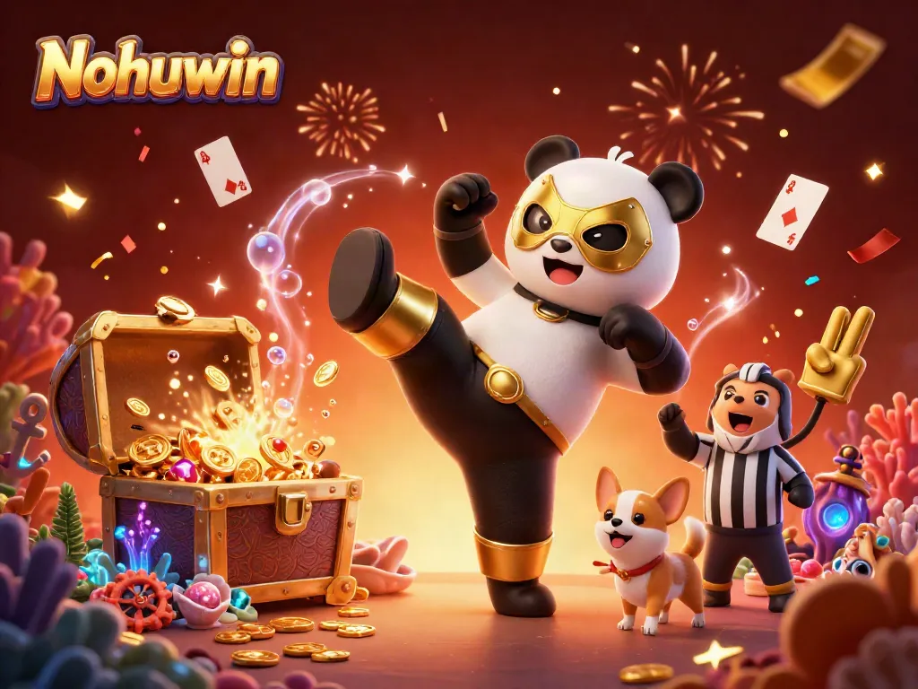 Nohuwin features a dynamic scene with a panda wrestler and chihuahua referee amidst a lively casino environment.