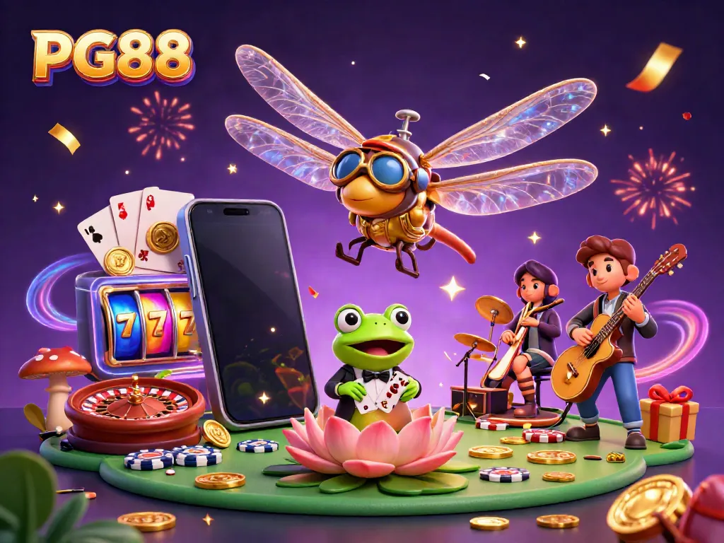 Experience the thrill of PG88 with a dragonfly pilot and frog croupier amid colorful casino action.