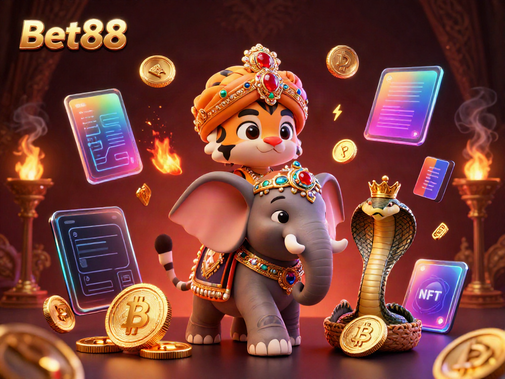 Experience the excitement of Bet88 with a vibrant 3D illustration featuring a maharaja tiger and elephant, enhanced by crypto coins.