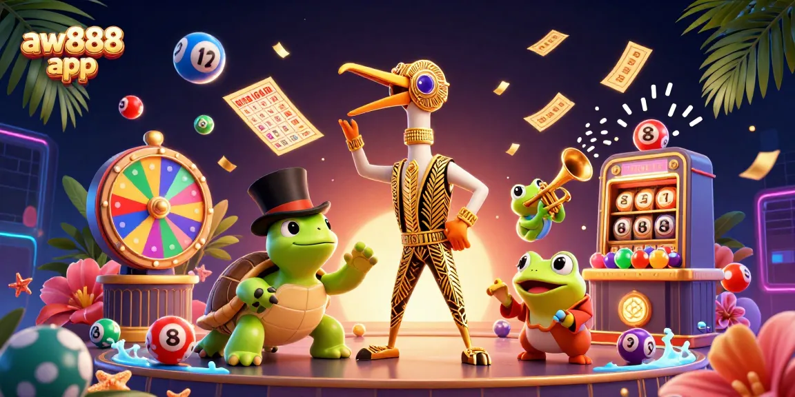 Join the excitement of the aw888 app with vibrant lottery games and lively characters in a casino setting.