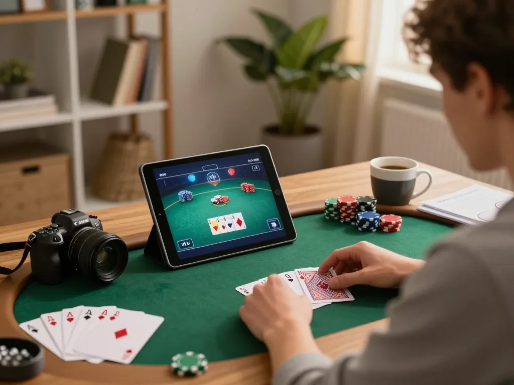 Cena de jogo de pôquer online AAVIP em casa com anotações estratégicas e iluminação aconchegante.