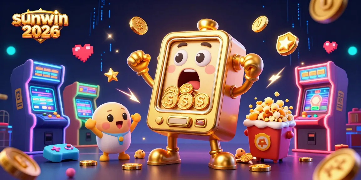 Spin to win with sunwin 2026's golden slot machine, surrounded by cheering mini slots and arcade games.